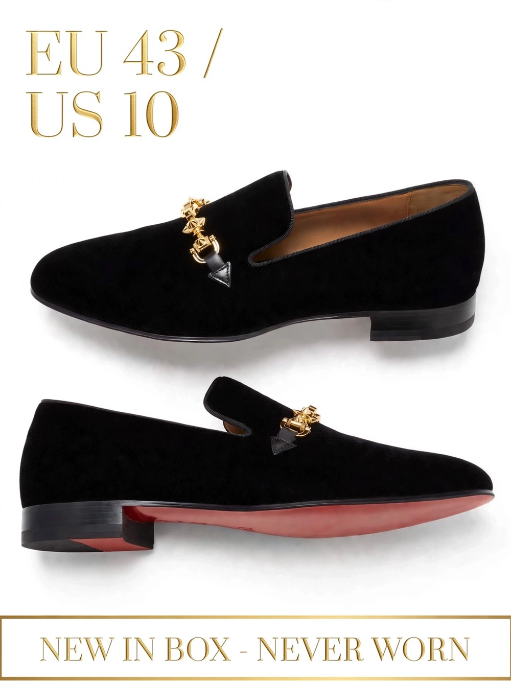 Christian Louboutin Black Velvet Loafers with Gold Chain
